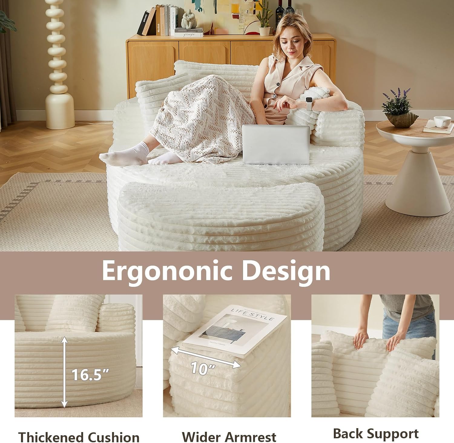 74.6" Oversized Round Chaise Lounge Chair with Ottoman Indoor, Fluffy Upholstered Corduroy Deep Seat Large Floor Circle Couch Sofa Chairs for Living Room, Bedroom, No Assembly Required, White