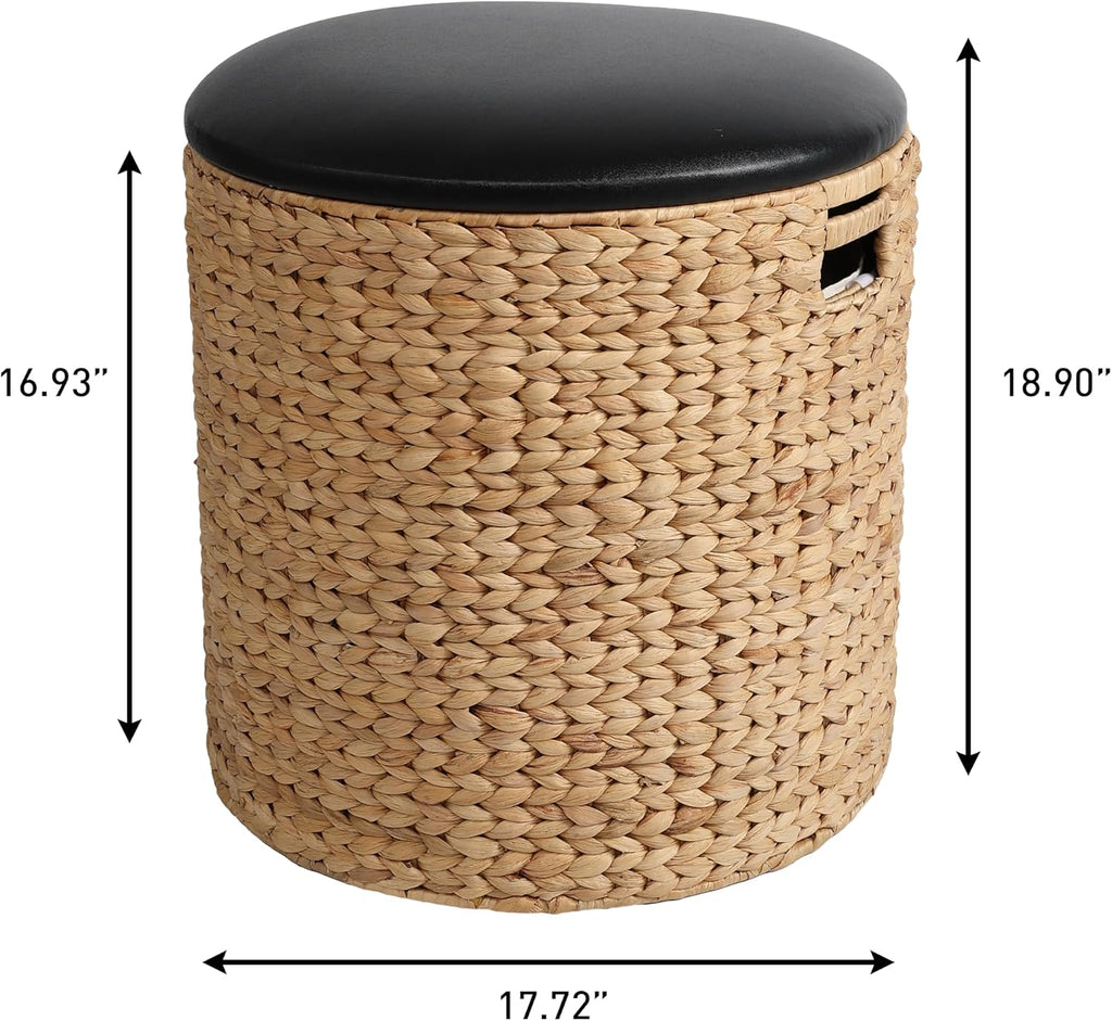 happimess SSL1003B Josie 18" Modern Coastal Hand-Woven Hyacinth Storage Ottoman with Lid, Foot Rest for Living Room, Bedroom, Entryway, Foyer, Natural/Black