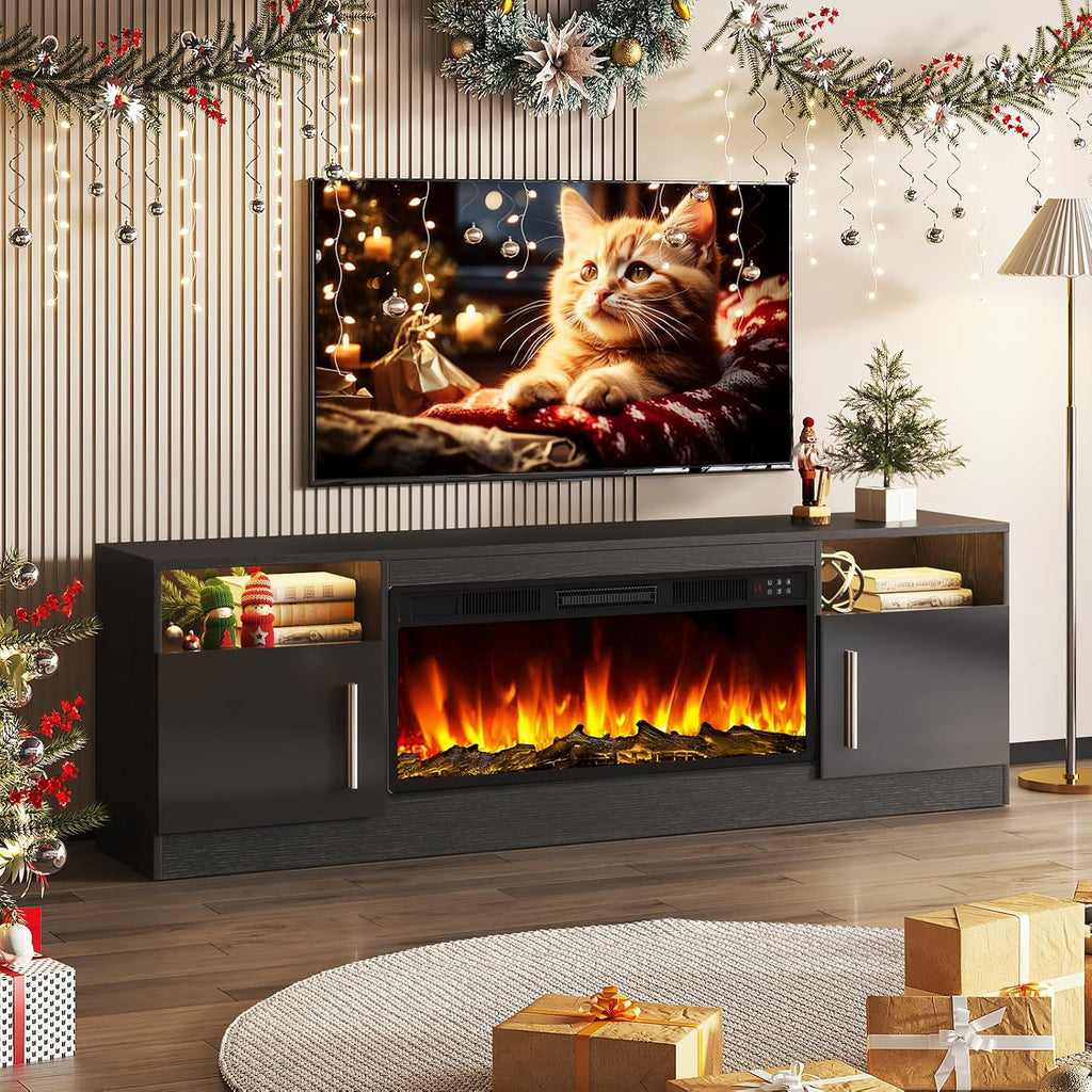 Tavata Fireplace TV Stand 70" Entertainment Center with 36" Fireplace, Wooden TV Stand for TVs Up to 80", Media TV Console with High Gloss Storage Cabinet and 20 Colors LED Lights (Black)