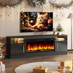 Tavata Fireplace TV Stand 70" Entertainment Center with 36" Fireplace, Wooden TV Stand for TVs Up to 80", Media TV Console with High Gloss Storage Cabinet and 20 Colors LED Lights (Black)