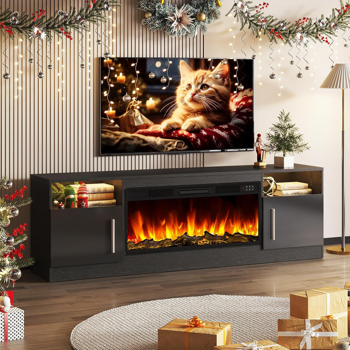 Tavata Fireplace TV Stand 70" Entertainment Center with 36" Fireplace, Wooden TV Stand for TVs Up to 80", Media TV Console with High Gloss Storage Cabinet and 20 Colors LED Lights (Black)