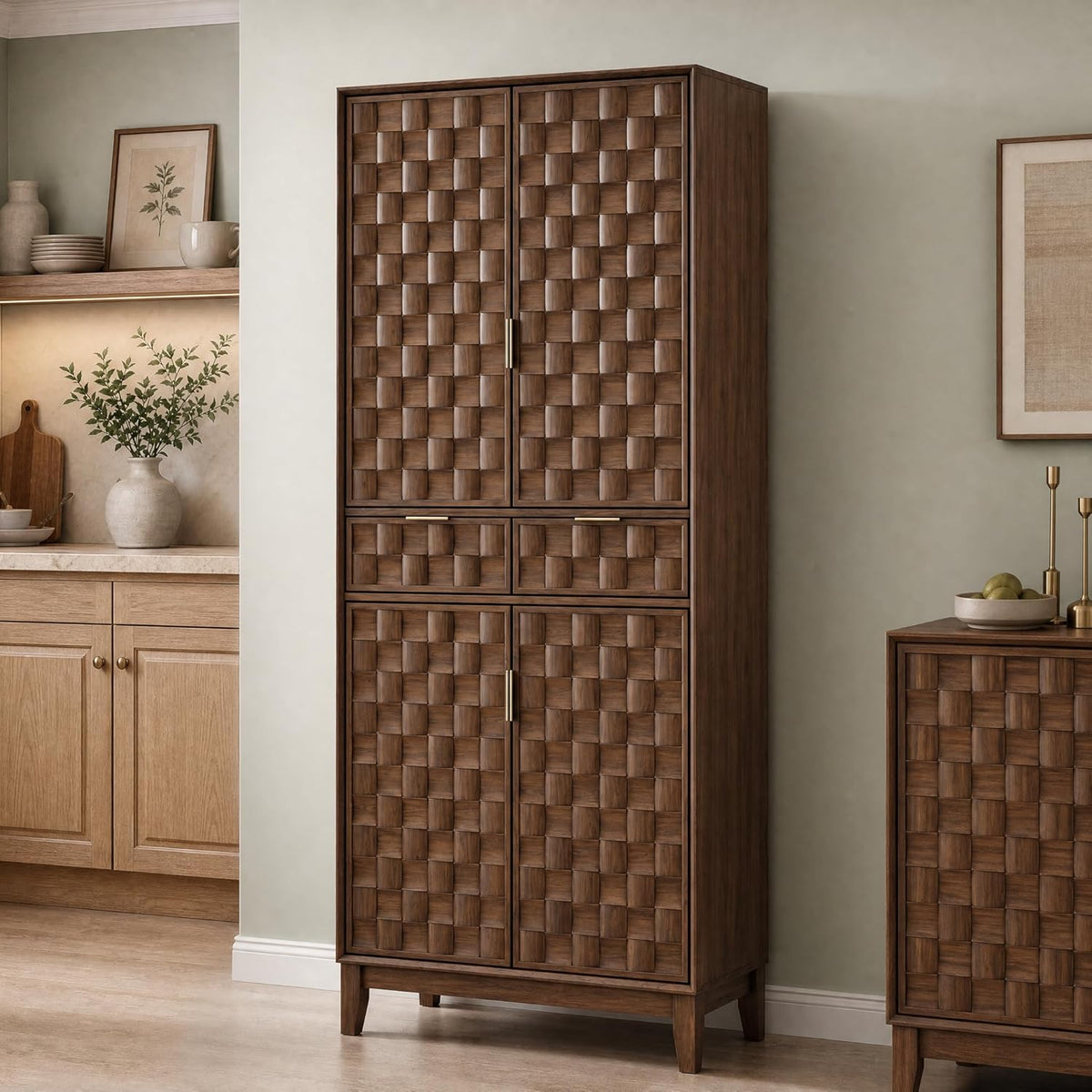 Pantry Cabinet, 71" Tall Pantry Cabinet,Modern Kitchen Cabinet with Doors, Drawers & Adjustable Shelves, Freestanding Food Pantry Cupboard with Side Rack for Kitchen Dining Room,Walnut