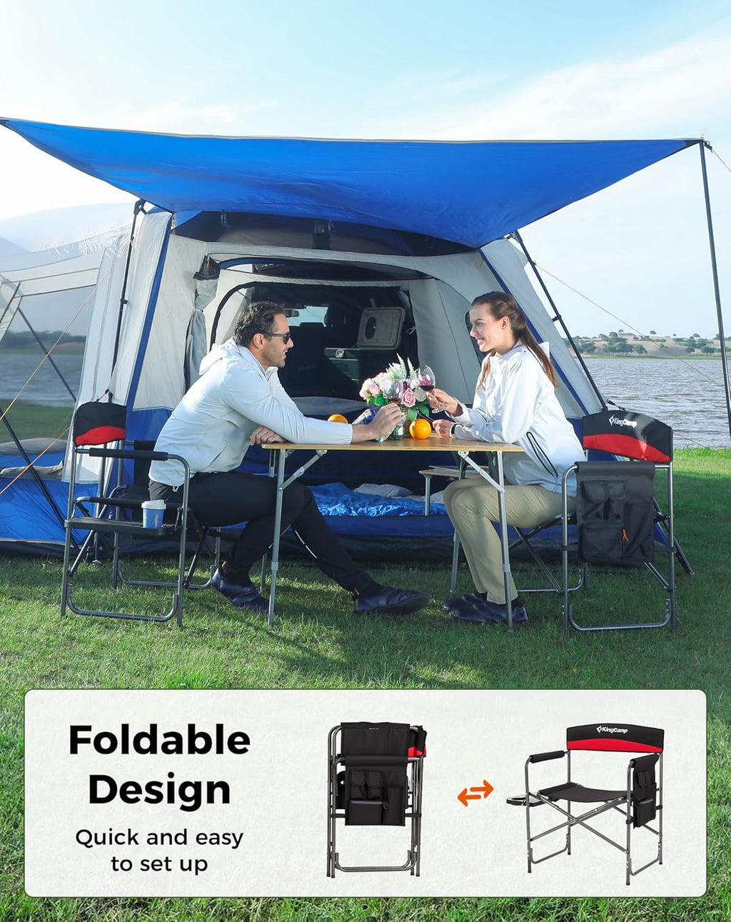 KingCamp Director Chair – Heavy Duty 400lb Capacity Camping Chair with Side Table Storage Pocket, Foldable for Big & Tall Adults, Padded Seat & Armrests, for Tailgating Sports Backyard Fishing, Red