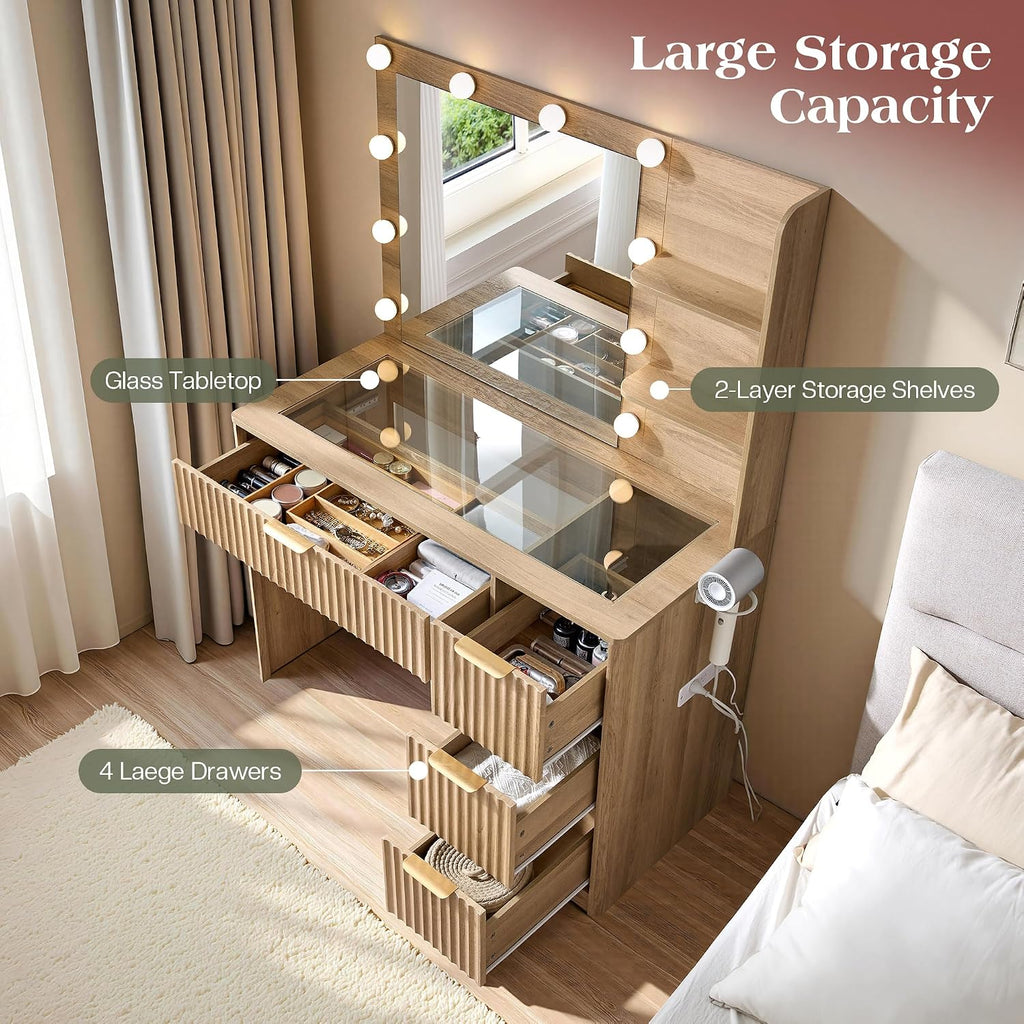 LUXOAK 36" Makeup Vanity Desk with Mirror & LED Lights, Oak | Fluted Vanity Table with 4 Drawers, Glass Top & Charging Station, Dressing Table for Bedroom, Women & Girls