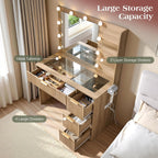 LUXOAK 36" Makeup Vanity Desk with Mirror & LED Lights, Oak | Fluted Vanity Table with 4 Drawers, Glass Top & Charging Station, Dressing Table for Bedroom, Women & Girls