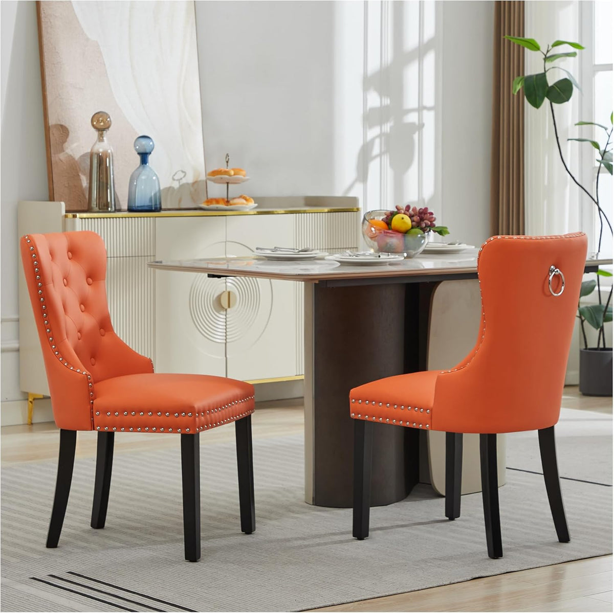 adochr PU Leather Dining Chairs Set of 2, Tufted Upholstered Dining Room Chair with Pull Ring and Solid Wood Legs, Orange