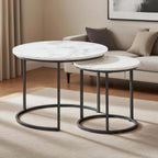 Round Nesting Coffee Table Set of 2, Modern Marble Pattern Wooden Nesting Tables, Stacking Minimalist End Table for Living Room Bedroom Small Space, White and Black