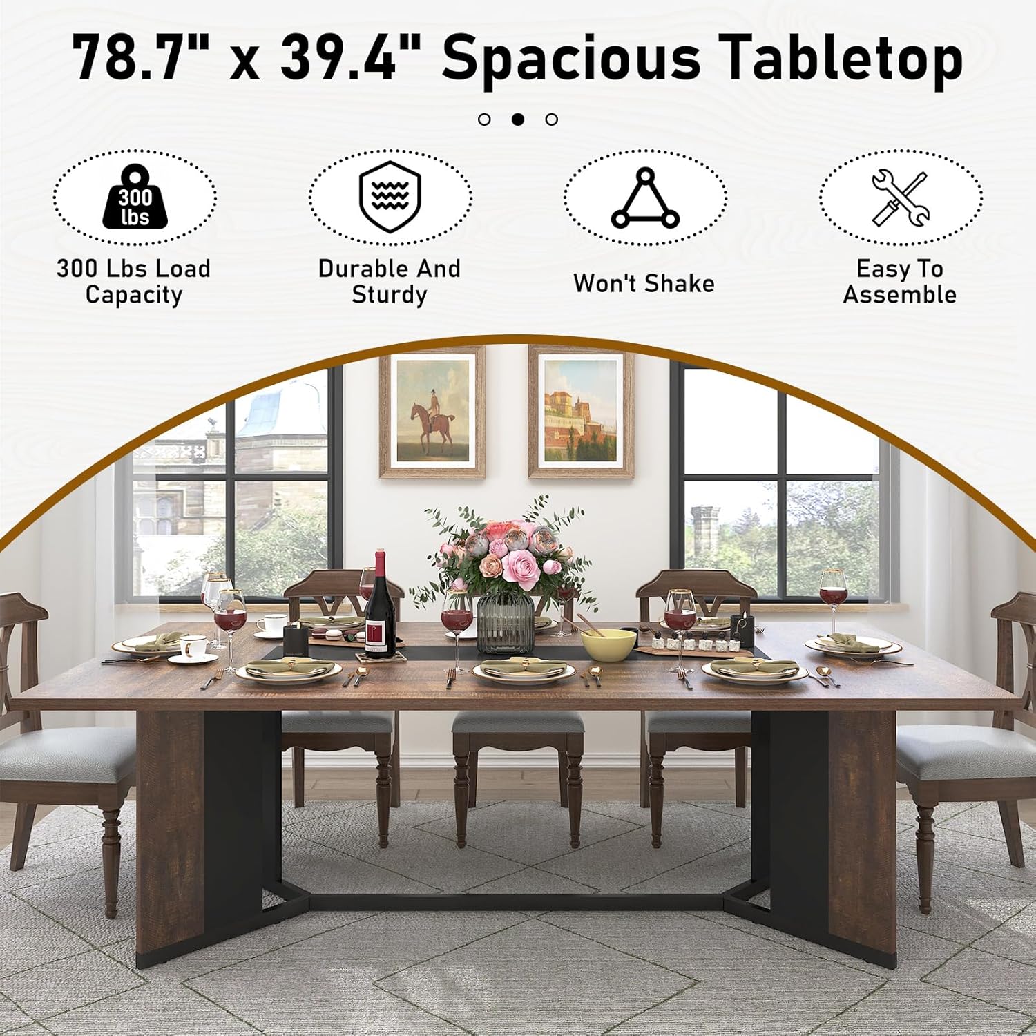 Hlivelood 78Inch Large Dining Table for 6 8 People,Wooden Rectangular Kitchen Table W/Waterproof Tabletop,Large Rectangle Furniture W/Adjustable Legs,Brown Dinner Table for Kitchen Dining Room(78IN)