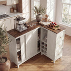 Corner Cabinet with Charging Station,L-Shaped Kitchen Pantry Storage Cabinet with 3 Drawers,Freestanding Kitchen Pantry Cabinets with Wine Rack,Glass Rack,Sliding Door for Dining Room (White)