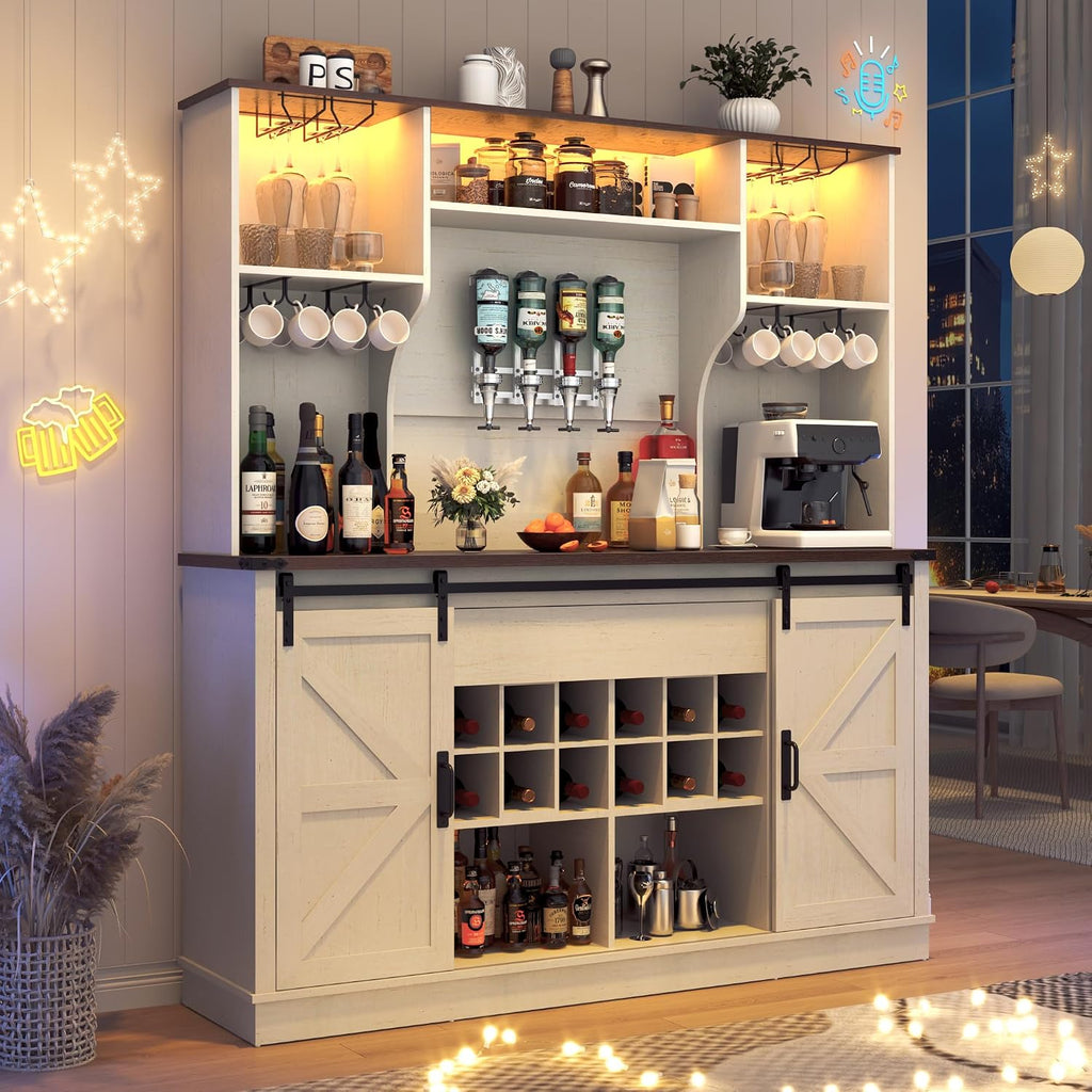 Farmhouse Coffee Bar Cabinet with LED Light, Charging Station & Sliding Barn Doors - 63"W x 71"H Large Wine Rack, Built-in Liquor Dispenser, Glass/Mug Holders for Kitchen, Living Room, Hallway