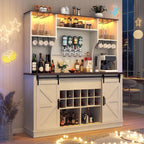 Farmhouse Coffee Bar Cabinet with LED Light, Charging Station & Sliding Barn Doors - 63"W x 71"H Large Wine Rack, Built-in Liquor Dispenser, Glass/Mug Holders for Kitchen, Living Room, Hallway