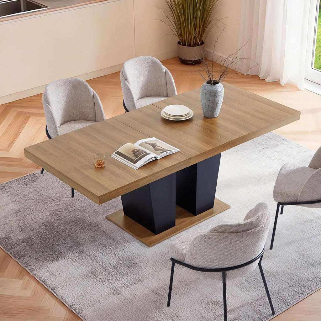 Dining Table Extendable 63 in-79 in for 4-8 Expandable Wood Rectangle with Fluted Base for Dining Room Kitchen Living Room Furniture Brown