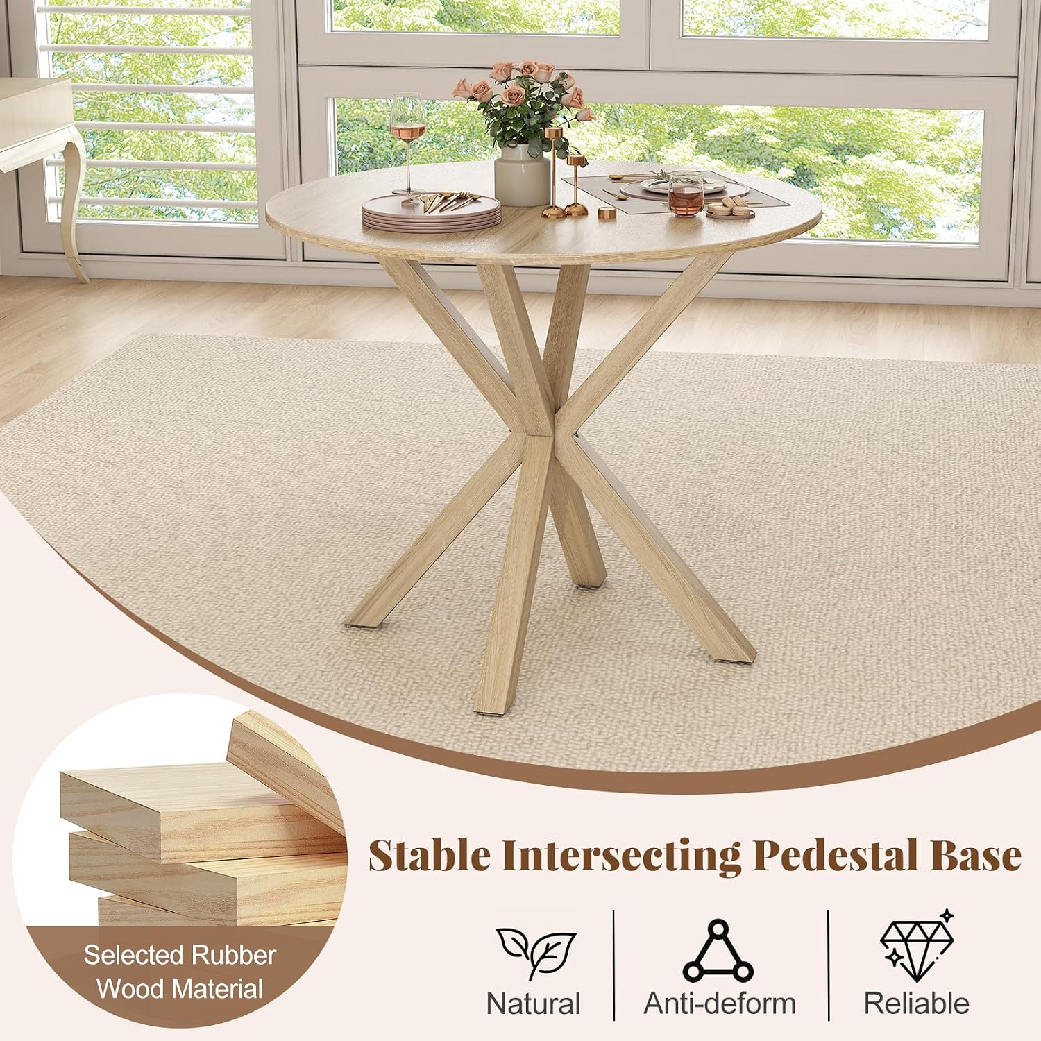 Moccha 36" Round Dining Table for 4 - Rubber Wood Kitchen Table with Intersecting Trestle Legs, Vintage Bar Table, Farmhouse Dining Room Tables for Dinette, Small Space, Restaurant, Bistro (Oak)