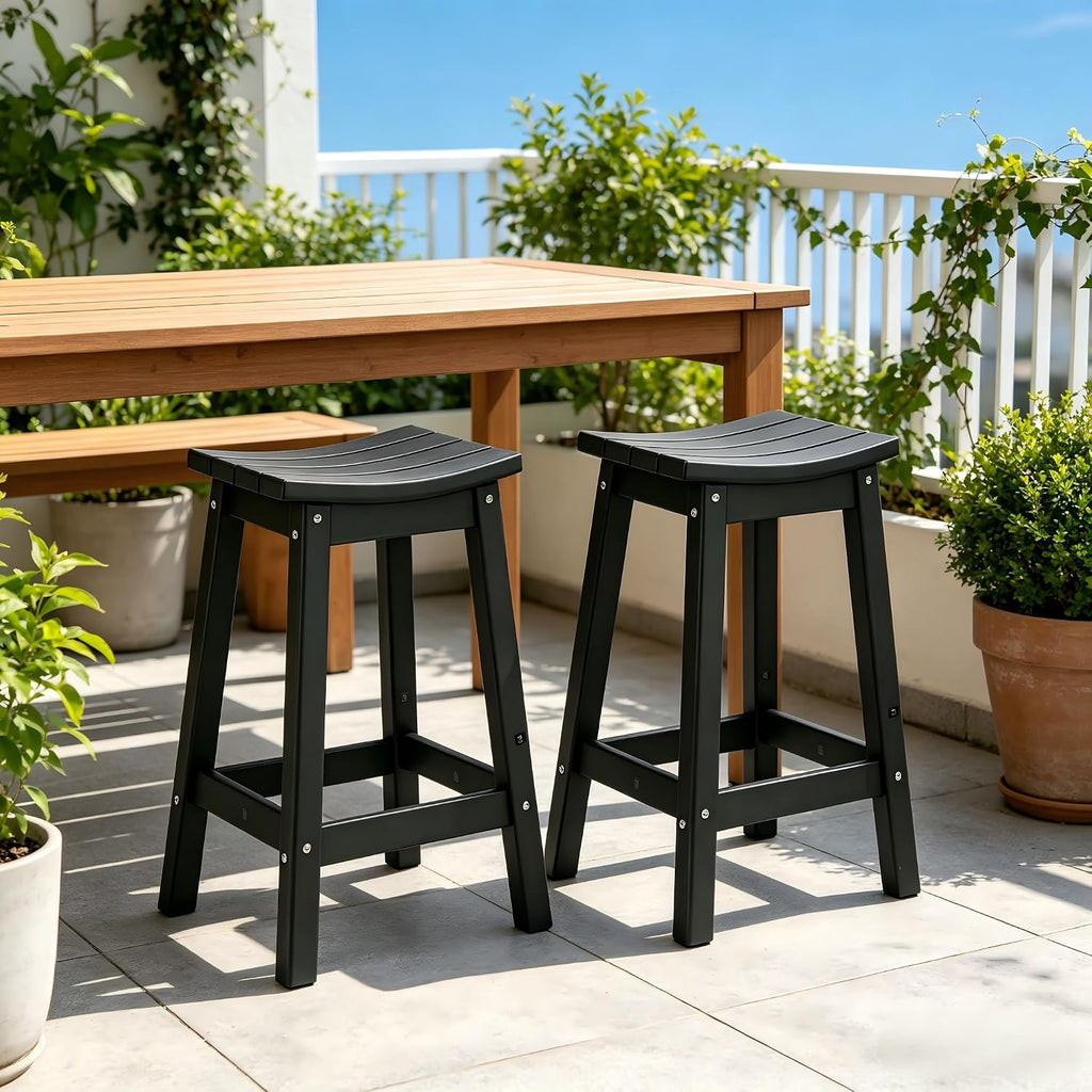 AMILY 24'' HDPE Bar Stool Set of 2, Weather Resistant Outdoor Bar Stools, Heavy Duty All-Weather Patio Stools for Poolside, Backyard, Balcony, Easy Assembly (Black)