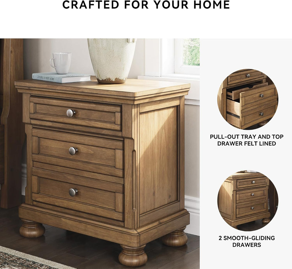 Signature Design by Ashley 2-Drawer Wood Nightstand, Chestnut Brown | Poplar solids, Pine veneer and MDF substrate, 30 in height, English dovetail construction, Hidden tray, Glarrison Series