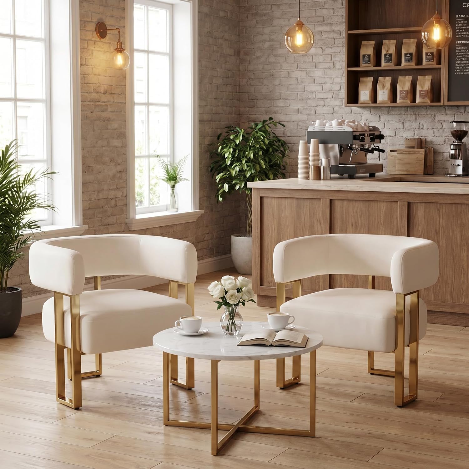 Barrel Accent Chair, Living Room Side Chair with Golden Metal Legs, Soft Velvet Upholstered Reading Armchair for Bedroom, Modern Club Chair for Reception Room/Lounge/Office, Ivory