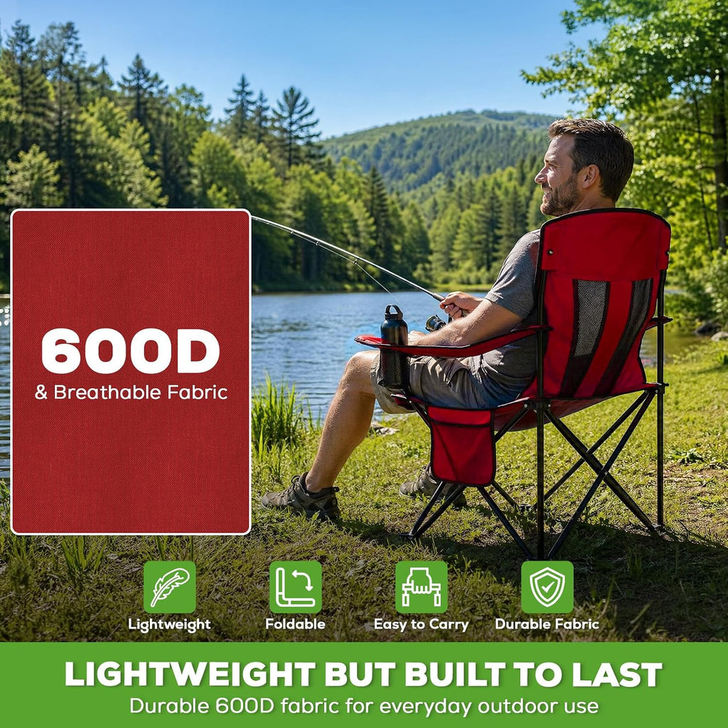 Heavy Duty Camping Chair 2-Pack, 400 LBS Capacity Folding Outdoor Chair with Cooler Bag, Oversized Portable Chair with Mesh Back & Cup Holder for Camping, Fishing, Tailgating (Red)
