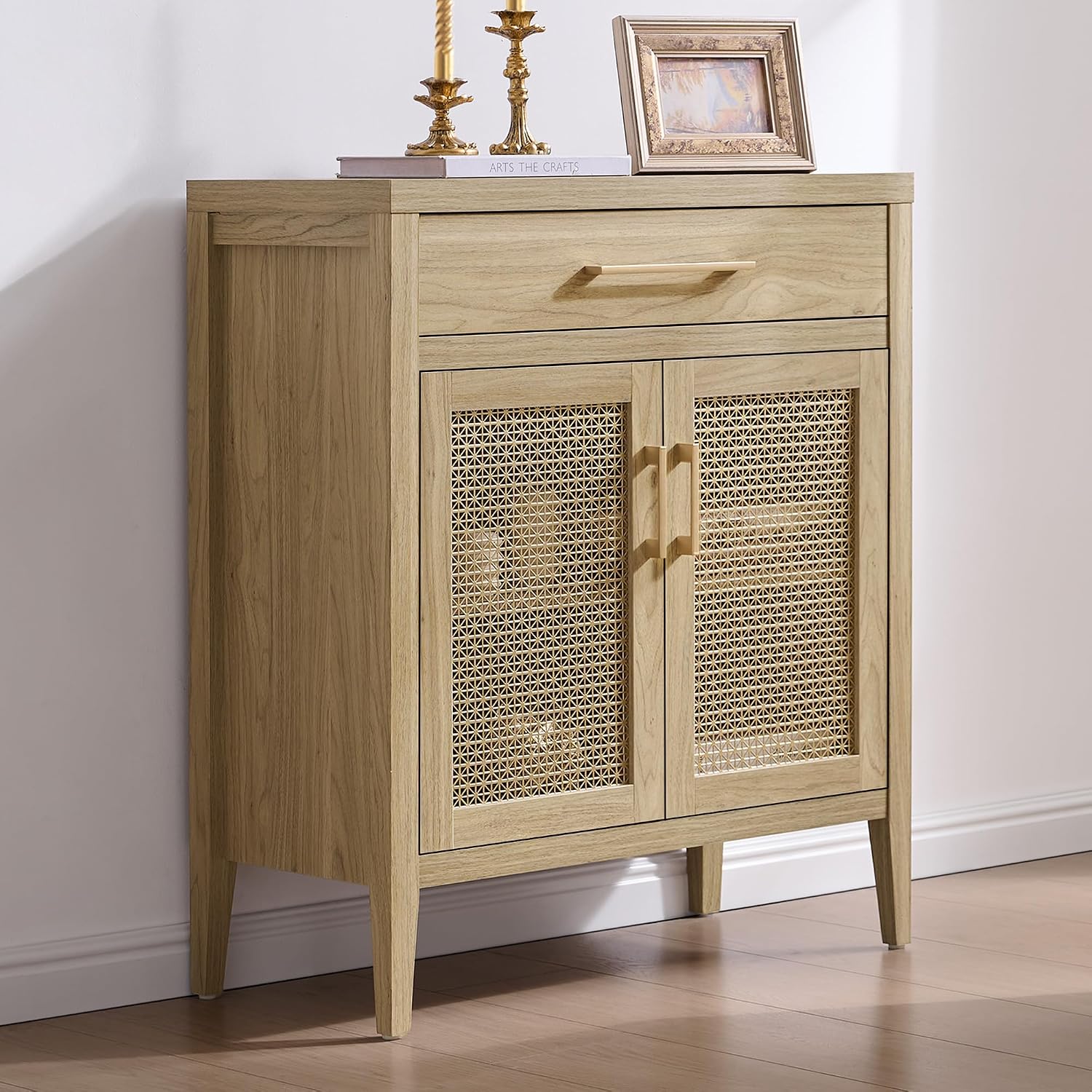 SICOTAS 30" Kitchen Sideboard Buffet Cabinet with Storage, Modern Farmhouse Coffee Bar Table with Adjustable Shelf & Gold Mesh Doors, Storage Cabinet with Drawer for Living Room Entryway, Light Walnut