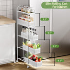 KINGRACK 5-Tier Slim Storage Cart with Pull Out Basket, Rolling Bathroom Organizer Utility, Metal Shelving Unit Slide Out, Lockable Wheels, Easy Assembly for Narrow Place, Kitchen, Laundry Room, White