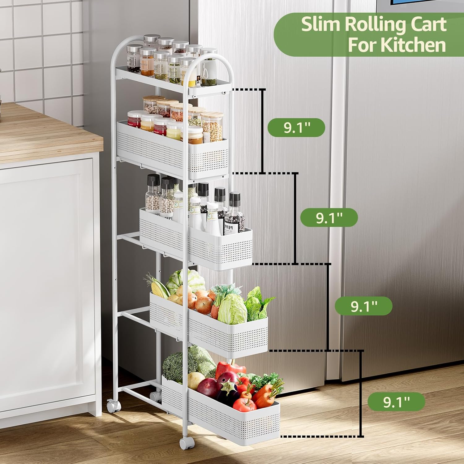 KINGRACK 5-Tier Slim Storage Cart with Pull Out Basket, Rolling Bathroom Organizer Utility, Metal Shelving Unit Slide Out, Lockable Wheels, Easy Assembly for Narrow Place, Kitchen, Laundry Room, White