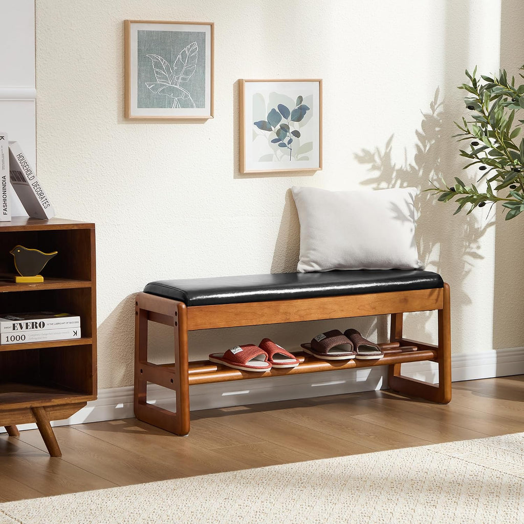 39.3" Shoe Rack Bench,2 Tiers Shoe Bench with Storage,Walnut Storage Bench with Faux Leather Cushion for Entrance Entryway Hallway Walnut PU Black