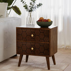 HOMPUS Wood Nightstand Set of 2, Modern Nightstand with Drawers Set 2 w Honeycomb Pattern, Small 2 Drawer Dresser, Bedside End Table with Solid Wood Legs for Bedroom, Dorm, Brown