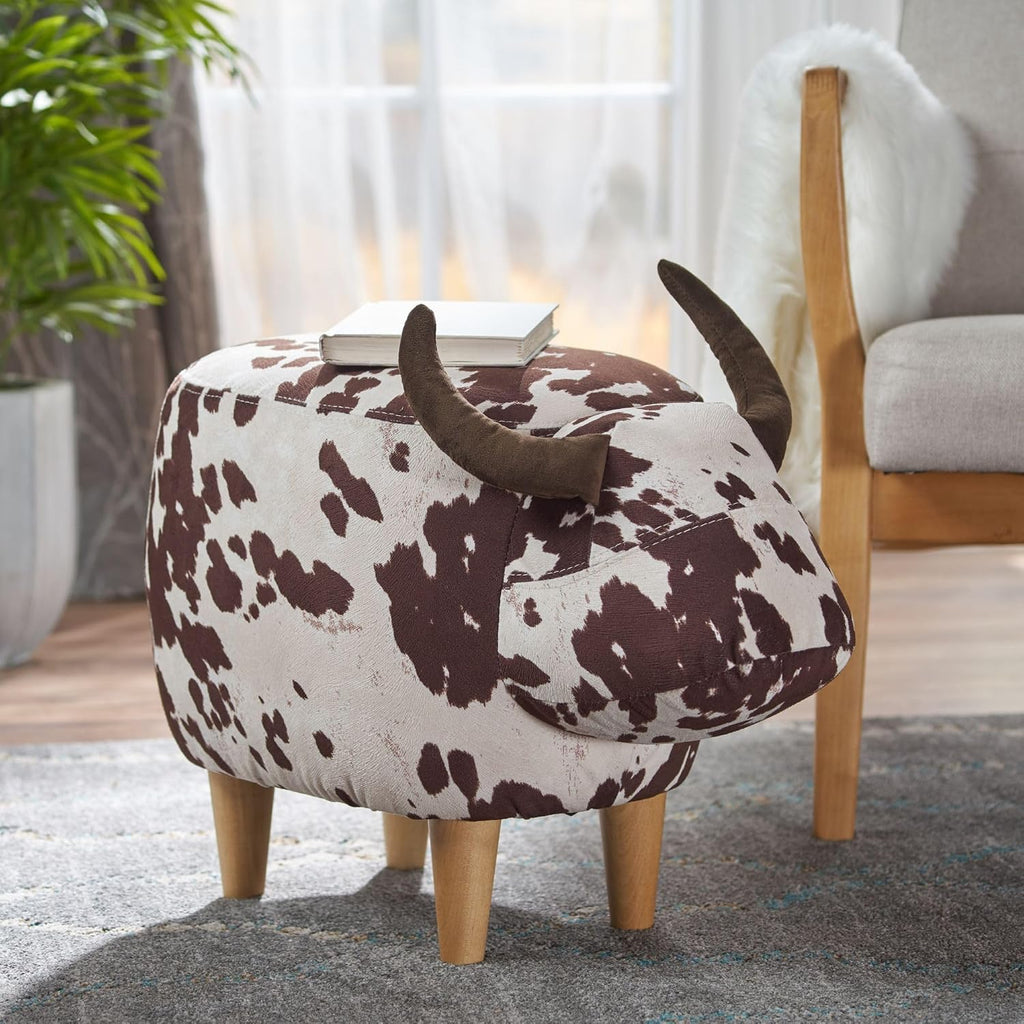 Modern Footstool, Cow-Shaped Ottoman with Birch Legs Cute Velvet Foot Rest for Couch Sofa, Artsy Animal Print Foot Stool for Living Room, Bedroom, Porch, Garden, Balcony Decor (Brown + White）