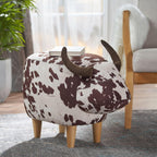 Modern Footstool, Cow-Shaped Ottoman with Birch Legs Cute Velvet Foot Rest for Couch Sofa, Artsy Animal Print Foot Stool for Living Room, Bedroom, Porch, Garden, Balcony Decor (Brown + White）