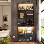 Armocity 82.6" Tall Bar Cabinet with Power Outlets & LED Lights, Liquor Cabinet Bar for Home, Reversible Coffee Station Wine Cabinet with Glass Holder & Wine Rack for Small Space, Black