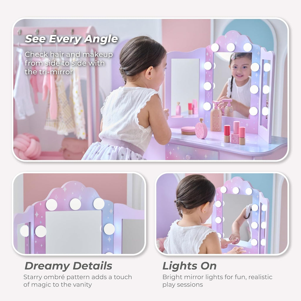 Teamson Kids Gisele Medium Vanity with Stool, Purple, Ages 3+ | Stardust Print, LED Lights & Touch Sensor Mirror, Storage Drawer, Pretend Play, Elegant Dressing Table Set