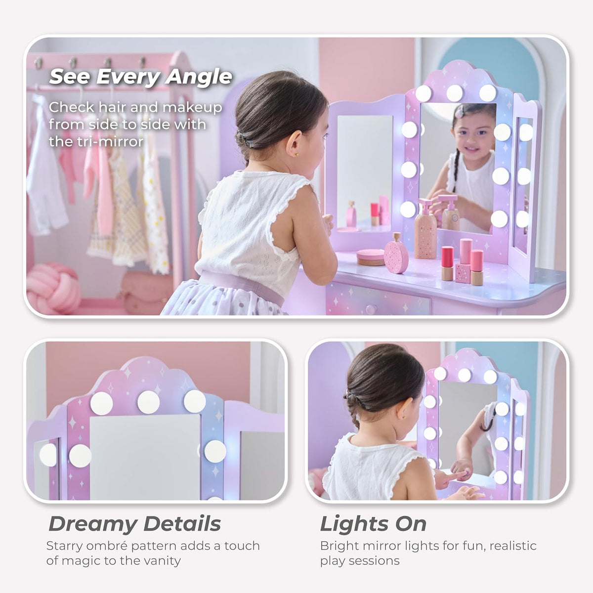 Teamson Kids Gisele Medium Vanity with Stool, Purple, Ages 3+ | Stardust Print, LED Lights & Touch Sensor Mirror, Storage Drawer, Pretend Play, Elegant Dressing Table Set