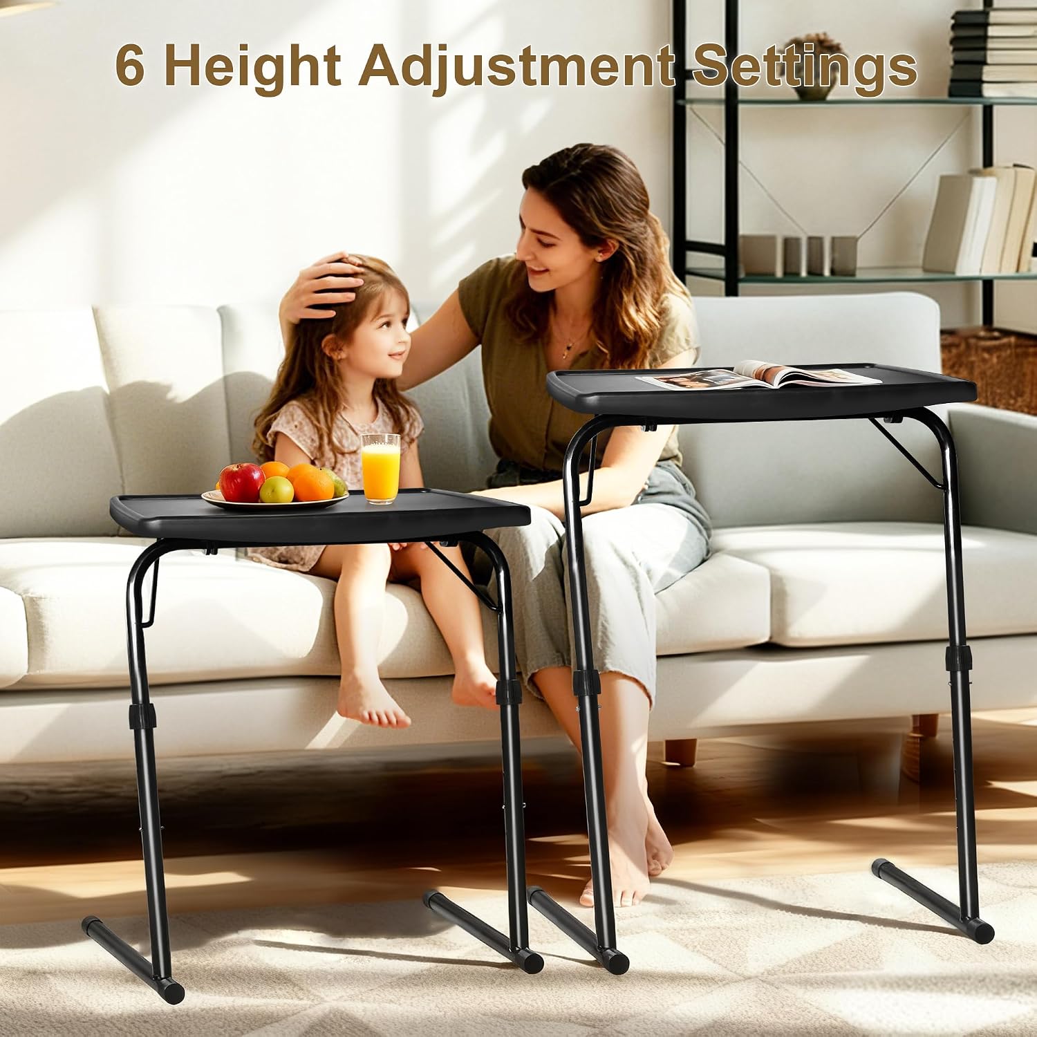 Max Large Black Folding TV Tray Table, XL Pro Adjustable Foldable TV Table with 6 Height Adjustable, 425% Thicker HDPE Plastic Table for Eating, Laptop, Snacks, Dinner Laptop on Couch & Bed