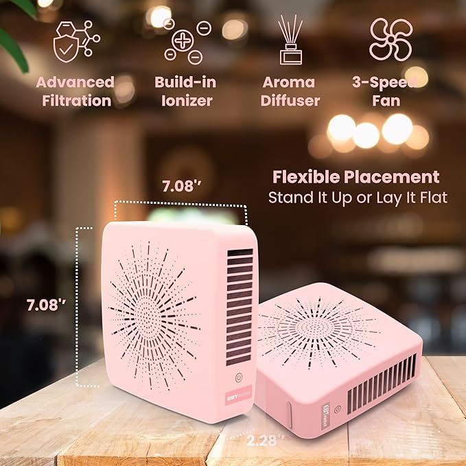 Cute Portable Mini Air Purifier with HEPA, Aroma & Ionizer – USB Fan for Bedroom, Desk, Pet, Baby, Travel – Great Gift for Girls & Teens (Blush Pink)