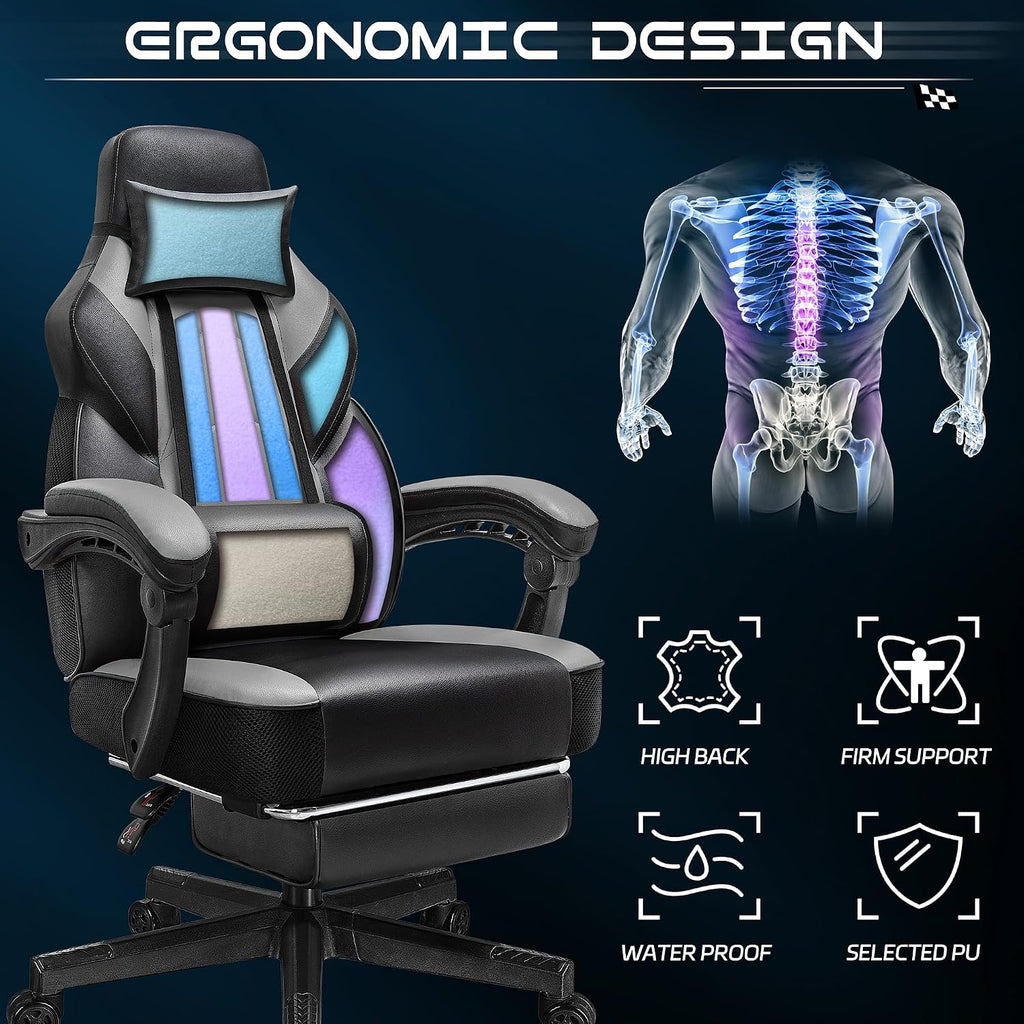 Gaming Chair for Adult, Computer Chair with Footrest Video Game Chair Big and Tall Gaming Chair with Massage Lumbar Support, Adjustable Height and 360° Swivel Seat(Grey)