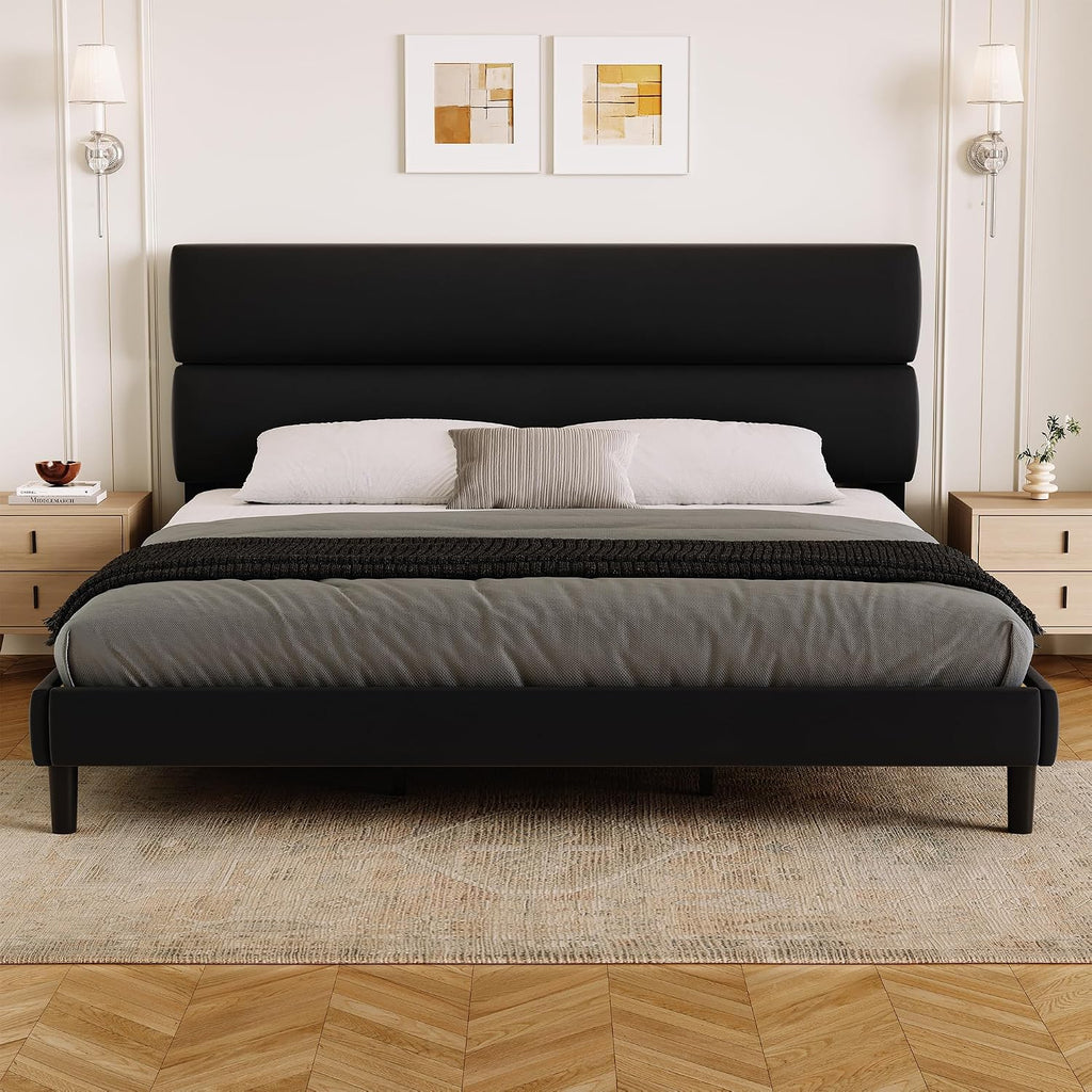 GRUSIGN King Size Platform Bed Frame with Velvet Headboard, Adjustable Height Wooden Slats Support, Upholstered Mattress Foundation, Fits Mattress or Mattress with Box Spring, Easy Assembly, Black