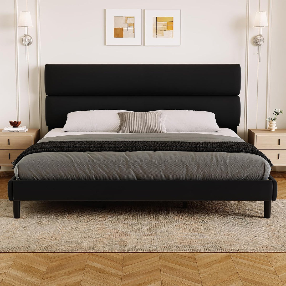 GRUSIGN King Size Platform Bed Frame with Velvet Headboard, Adjustable Height Wooden Slats Support, Upholstered Mattress Foundation, Fits Mattress or Mattress with Box Spring, Easy Assembly, Black