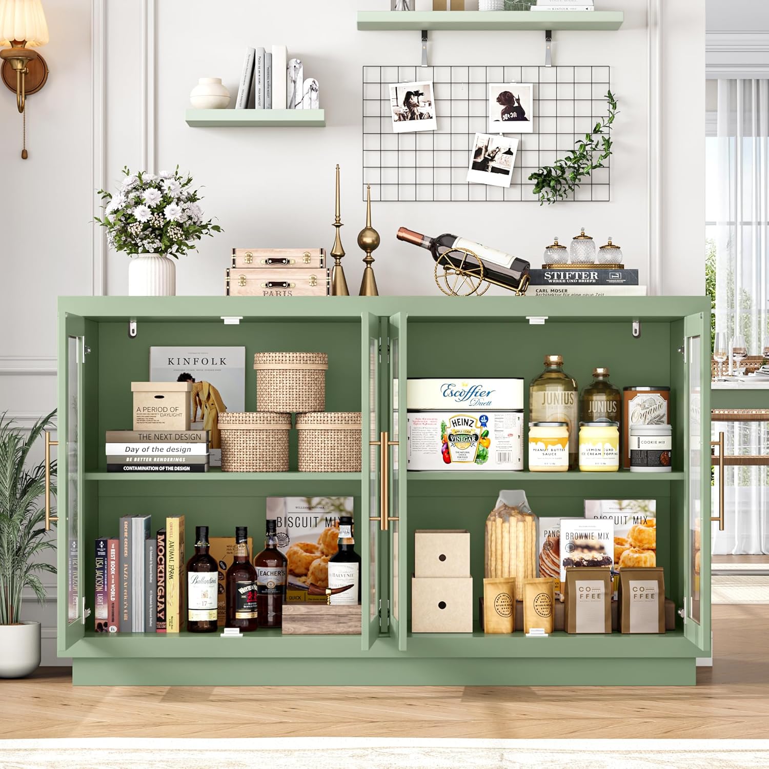 FOTOSOK Buffet Cabinet with Storage, 55.1" Large Sideboard Cabinets, Modern Sideboard Kitchen Cabinet with 4 Fluted Glass Doors, Wood Coffee Bar Buffet Table for Kitchen, Green