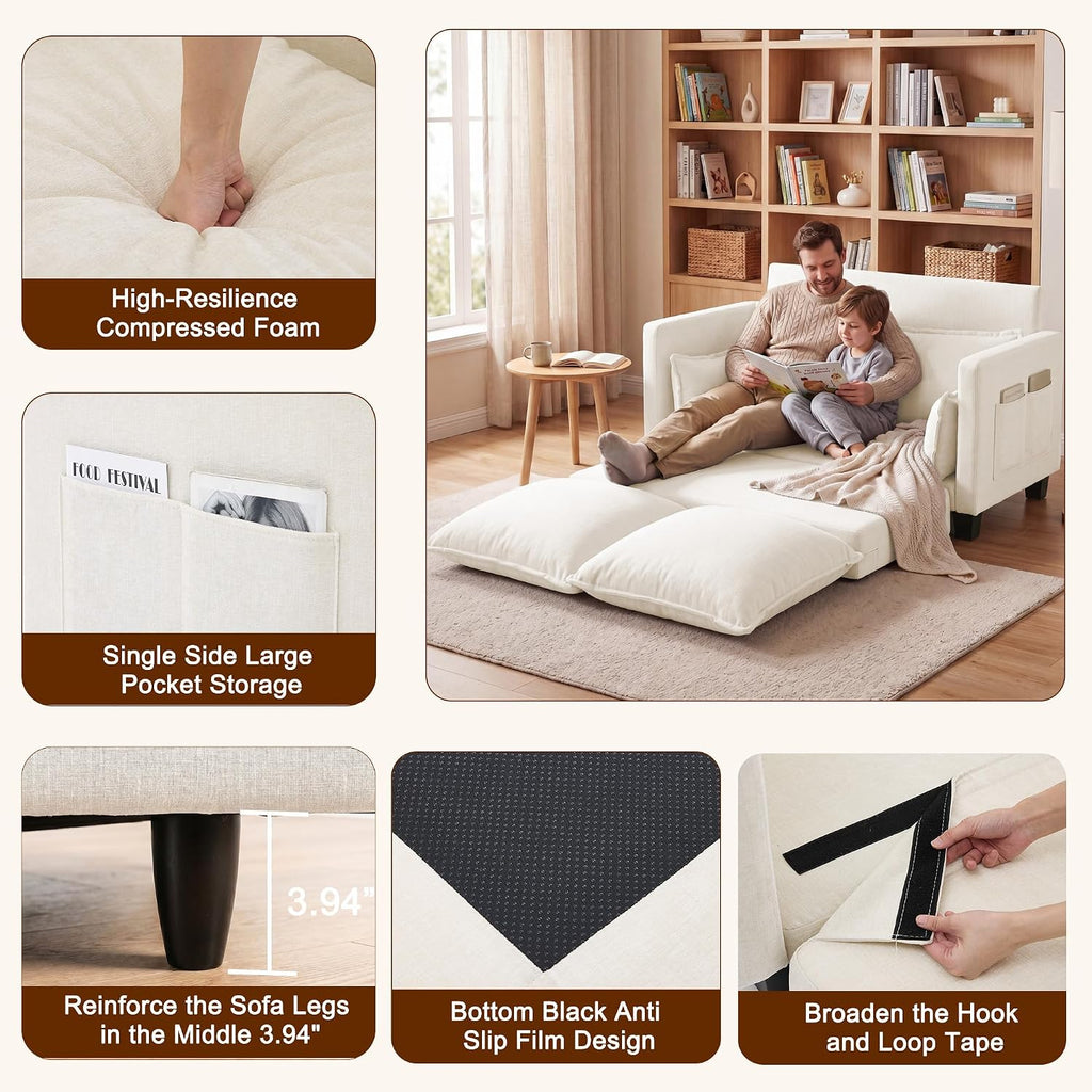 49" Loveseat Sofa Bed, 2 in 1 Convertible Small Sofa Pull Out Couch Bed Chenille Deep 2 Seat Sleeper Twin XL Futon Mattress for Small Spaces Living Room Bedroom Apartment Office, Beige