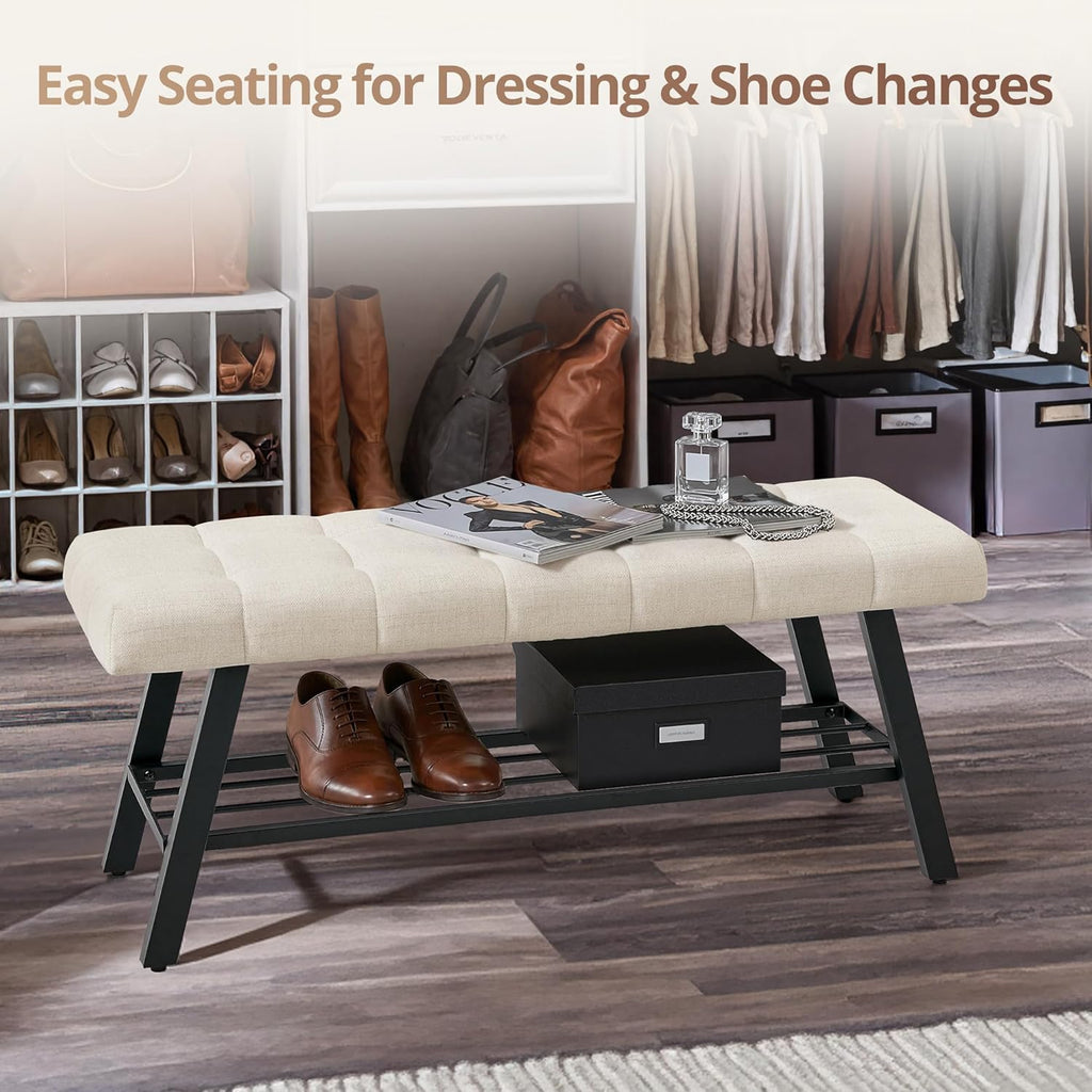 LUE BONA 45" Entryway Bench with Storage Shelf, End of Bed Bench with Tufted Linen Fabric Seat, Bedroom Bench with Metal Frame, 330 LBS Capacity for Entryway, Living Room, Hallway, Linen Color