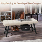 LUE BONA 45" Entryway Bench with Storage Shelf, End of Bed Bench with Tufted Linen Fabric Seat, Bedroom Bench with Metal Frame, 330 LBS Capacity for Entryway, Living Room, Hallway, Linen Color