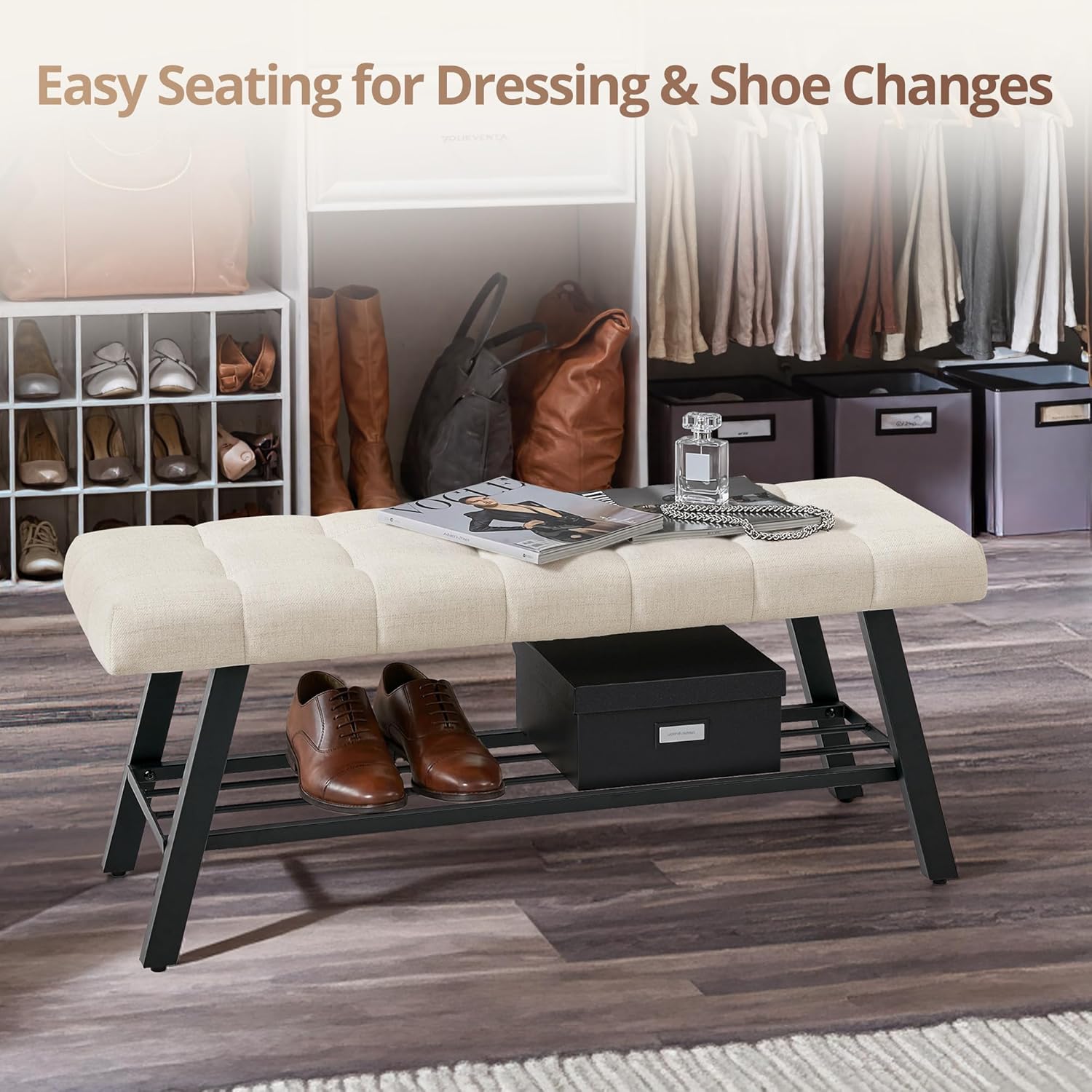 LUE BONA 45" Entryway Bench with Storage Shelf, End of Bed Bench with Tufted Linen Fabric Seat, Bedroom Bench with Metal Frame, 330 LBS Capacity for Entryway, Living Room, Hallway, Linen Color