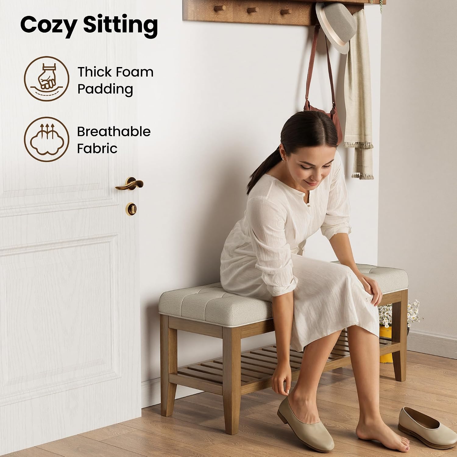 REONEY 43" End of Bed Bench, Upholstered Bedroom Storage Ottoman Bench, Entryway Shoe Bench, Padded Window Seat with Solid Wood Legs, for Living Room, Hallway, Beige Linen
