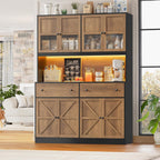 FINETONES 71" Pantry Cabinet with LED Light and Charging Station | Farmhouse Kitchen Pantry Cabinet with Microwave Stand, 47.2" Wide Kitchen Hutch Food Pantry with Open Countertop, Black/Brown