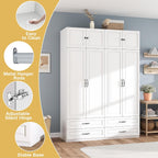 Armoire Wardrobe Closet with Doors: 89" Extra Tall White Wardrobe with Storage on Top, Bedroom Armoires with 4 Doors and 4 Drawers, Large Wood Closet Armoire for Hanging Clothes