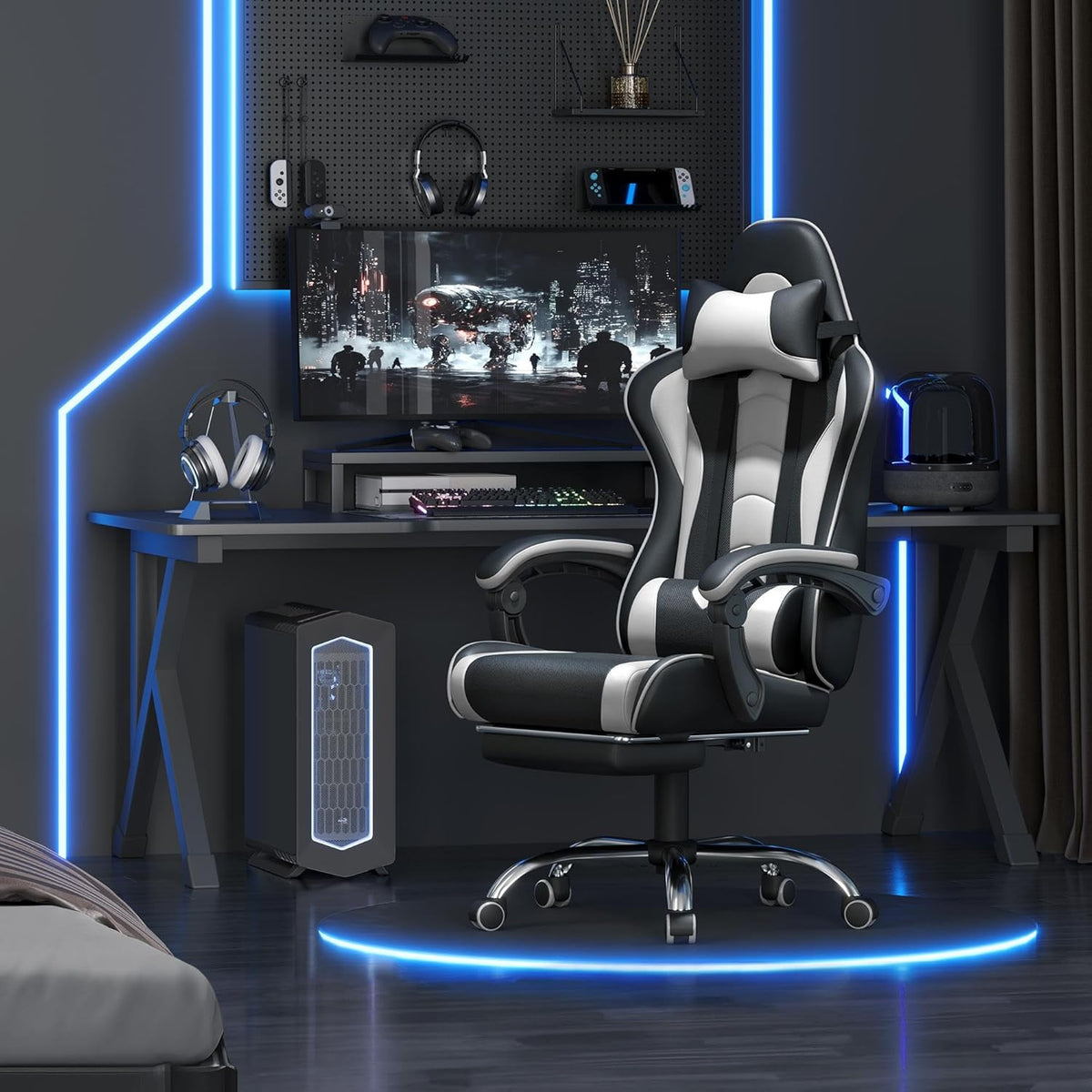 Yaheetech Gaming Chair with Footrest Massage Lumbar Pillow Black and White | Foam-padded PU leather racing seat and plush headrest recline with a slide-out footrest; metal frame supports up to 300 lb.