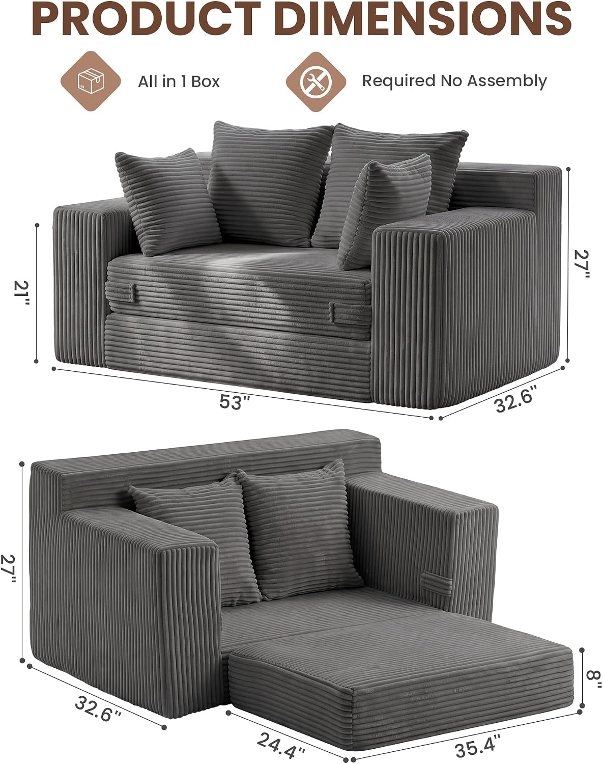 JUIKURY Floor Mini Couch 53 Inch, 3-in-1 Gray Couches Covertible Sofa Bed with 4 Pillows, Small Couches for Living Room, Bedroom, Small Space
