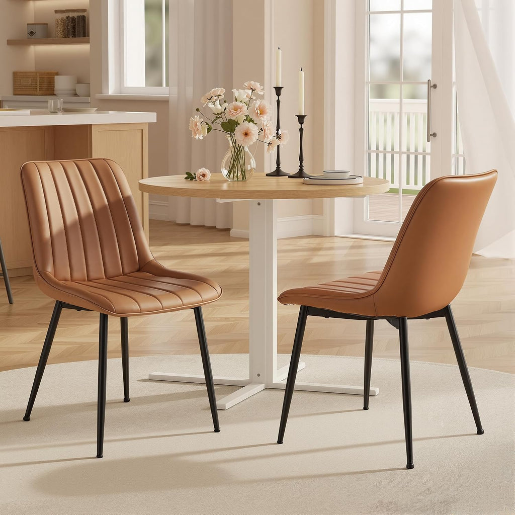 VASAGLE Dining Chairs Set of 2, Upholstered Kitchen Chairs, Synthetic Leather, Max. Load 264 lb, Steel Legs, Curved Backrest, for Dining Room, Caramel Brown and Ink Black ULDC090KN03