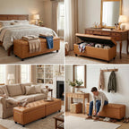 Tbfit 50.8" Ottoman with Storage, Button‑Tufted Bench with Safety Hinge and Rivets, Large End‑of‑Bed Storage Ottoman Bench for Bedroom, Living Room, Entryway, Camel PU