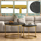 Nesting Coffee Table Set of 2, 27.6 inch Round Side Tables Coffee Table with Wood Marble Pattern Top Sturdy Metal Frame, End Table for Living Room Bedroom Balcony Yard (Black+Gold)