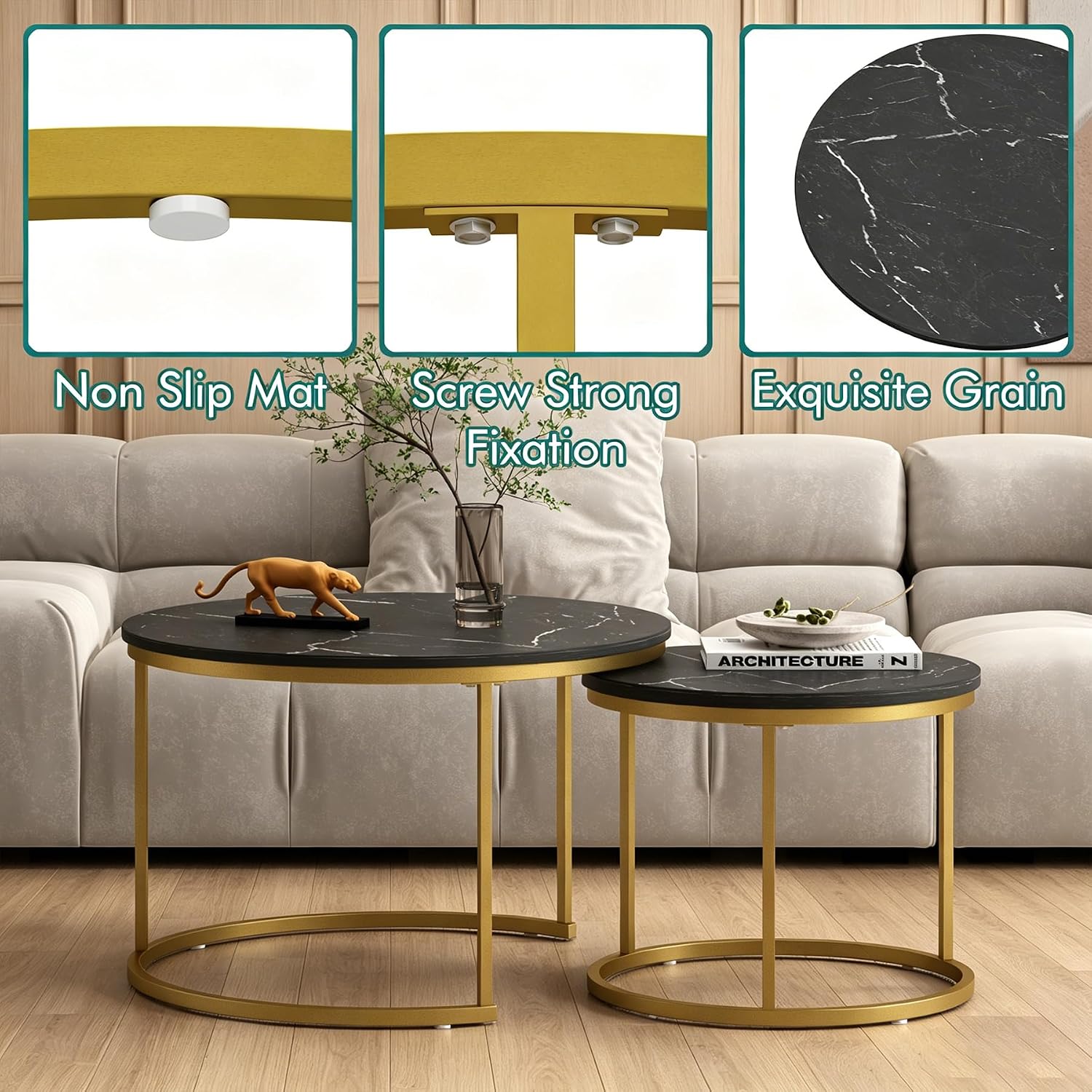 Nesting Coffee Table Set of 2, 27.6 inch Round Side Tables Coffee Table with Wood Marble Pattern Top Sturdy Metal Frame, End Table for Living Room Bedroom Balcony Yard (Black+Gold)
